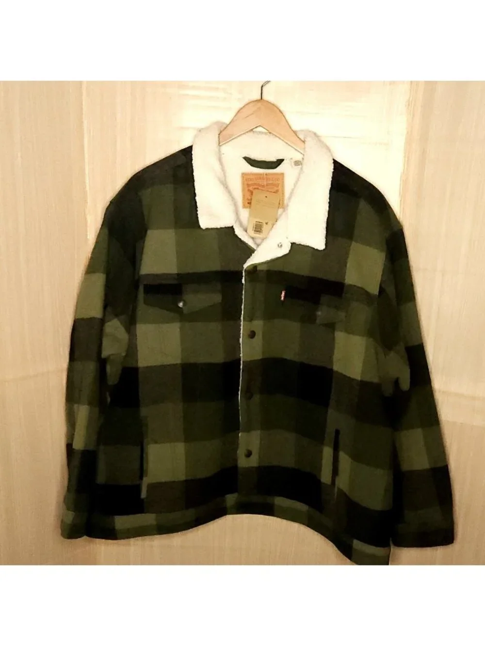 Levi's Mens New Green Black Buffalo Check Sherpa Lined Shacket XXL